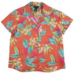 LRL Ralph Lauren Button Down Shirt Women M Orange Linen Floral Tropical Hawaiian